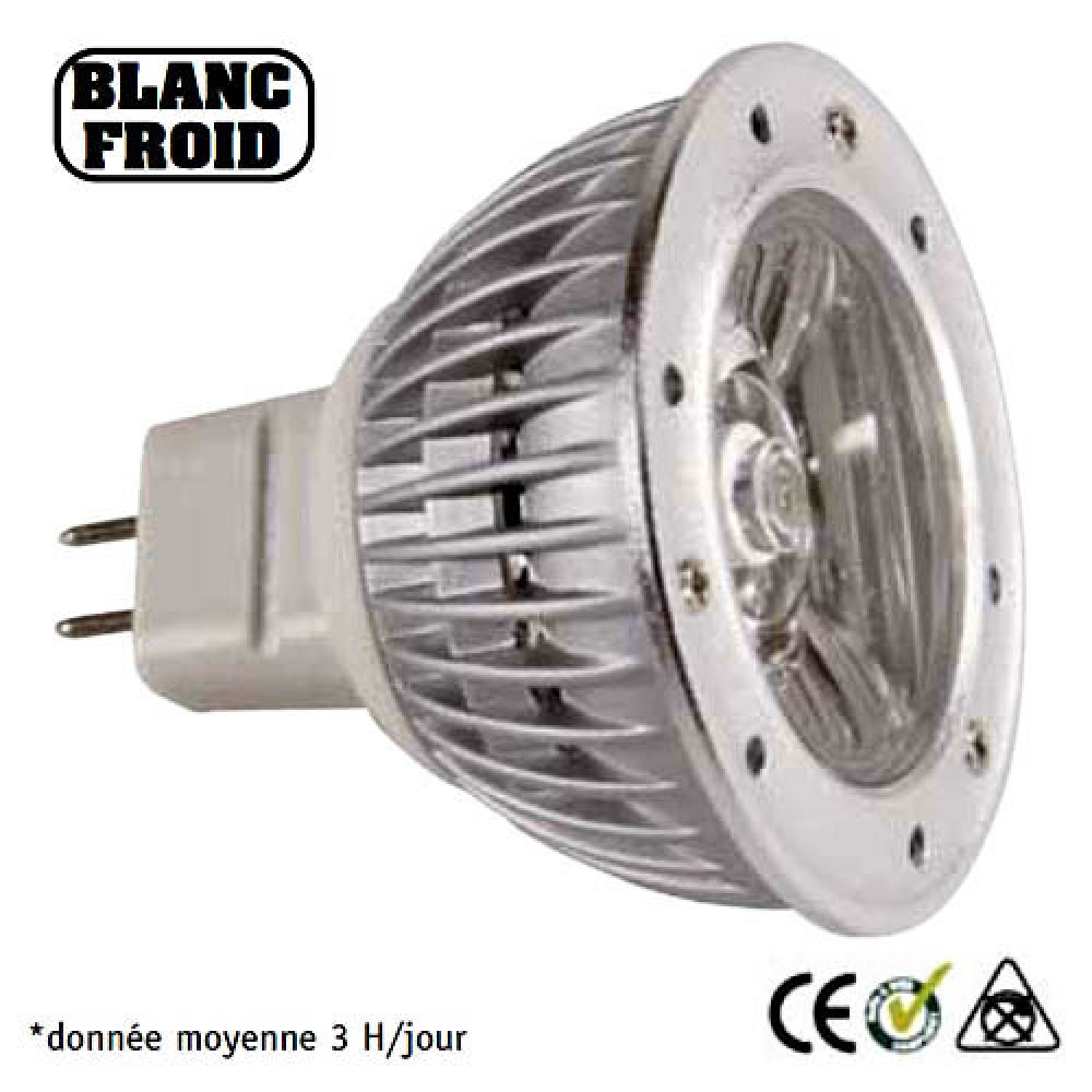 LAMPE MR16 50MM 12V 1 LED BLANC FROID 3W